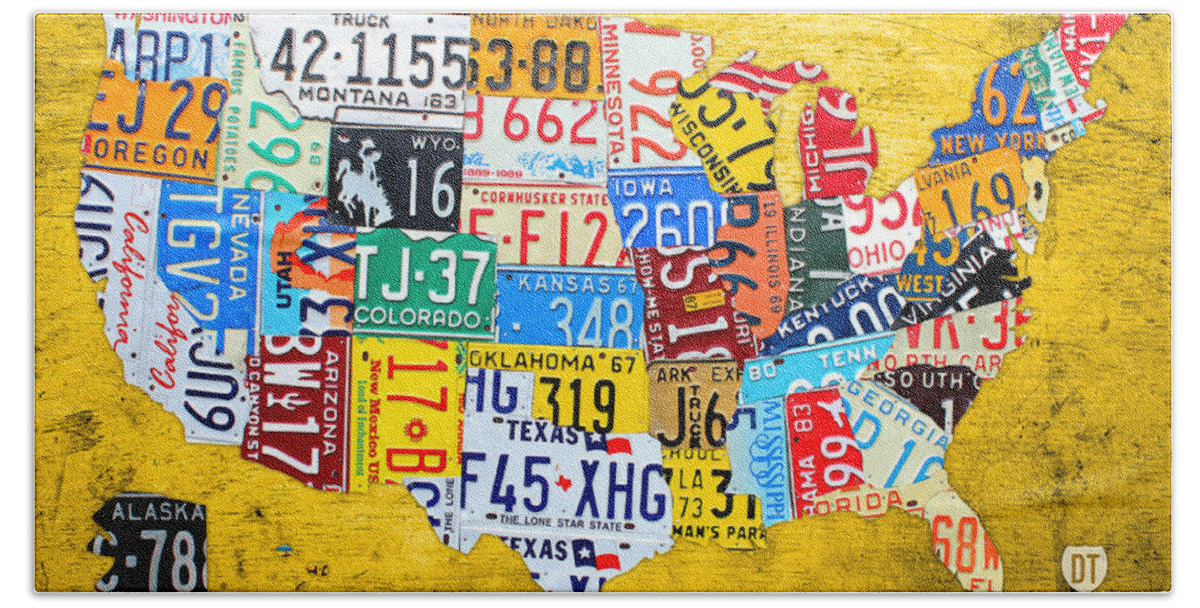 License Plate Map Bath Towel featuring the mixed media License Plate Art Map of the United States on Yellow Board by Design Turnpike