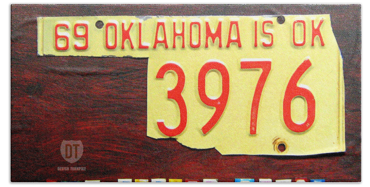 License Plate Map Bath Towel featuring the mixed media License Plate Map of Oklahoma by Design Turnpike by Design Turnpike