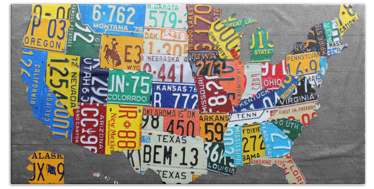 License Plate Map Hand Towel featuring the mixed media License Plate Map of The United States on Gray Wood Boards by Design Turnpike