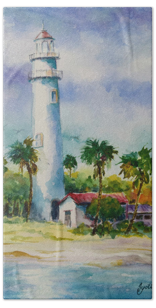  Bath Towel featuring the painting Light House at the Beach by Jyotika Shroff