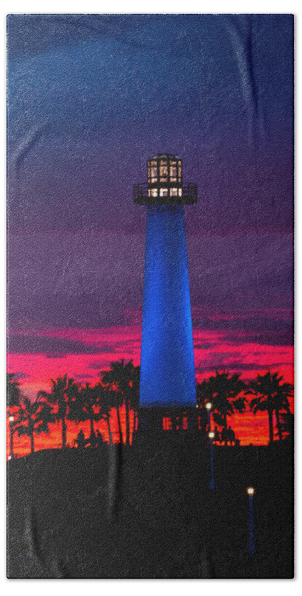Light House Bath Towel featuring the photograph Light House in the Firey Sky by Denise Dube