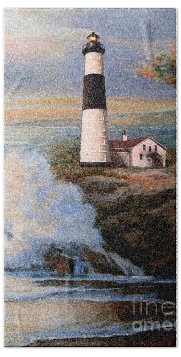  Big Sable Point Michigan Lighthouse Oil Painting Bath Towel featuring the painting Big Sable Point Lighthouse with crashing waves by Regina Femrite