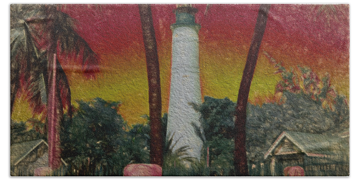 Lighthouse Hand Towel featuring the digital art Lighthouse in sunset by Cathy Anderson
