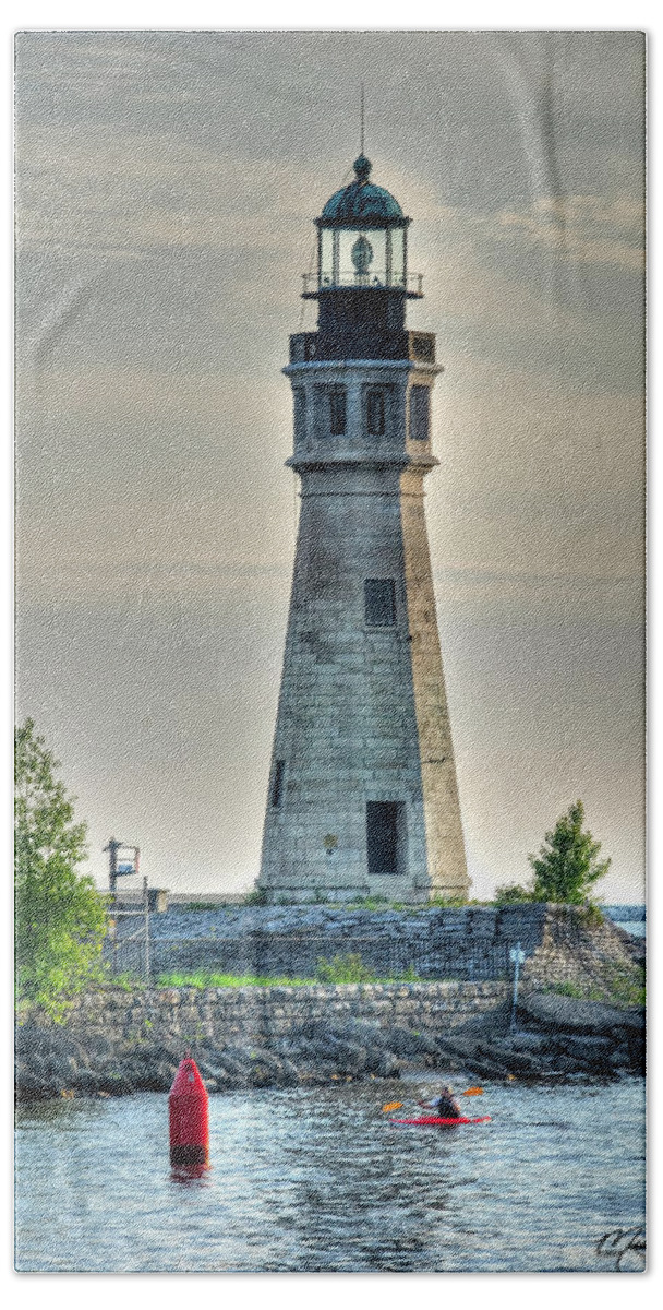 Lighthouse Bath Towel featuring the photograph Lighthouse just Before Sunset at Erie Basin Marina by Michael Frank Jr