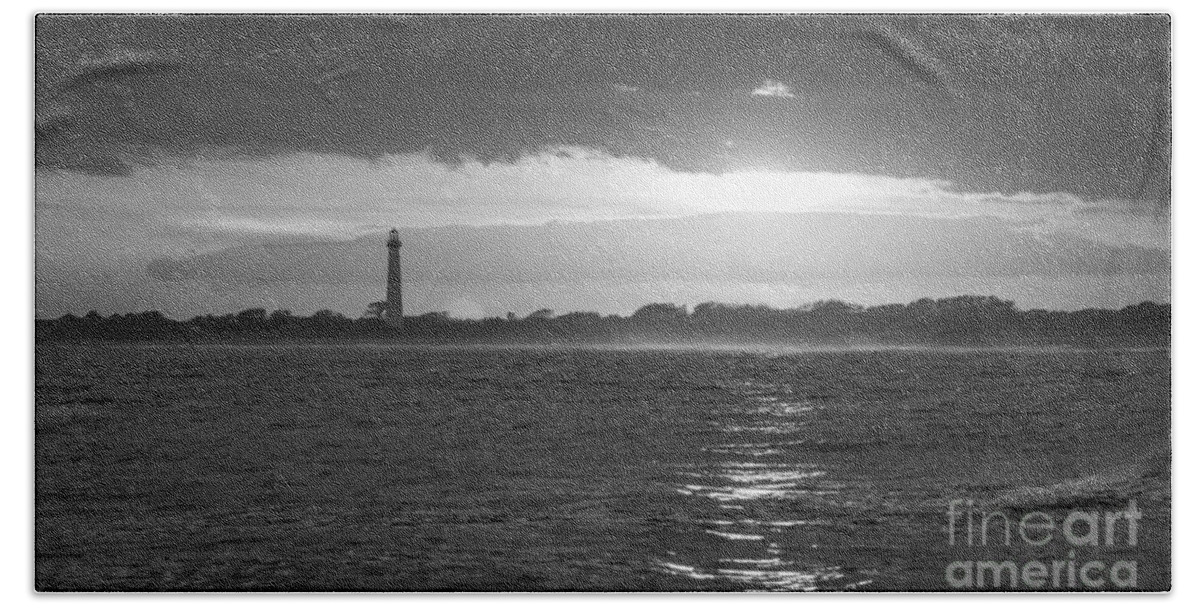 Cape May Bath Towel featuring the photograph Lighthouse Sun Reflections bw by Michael Ver Sprill