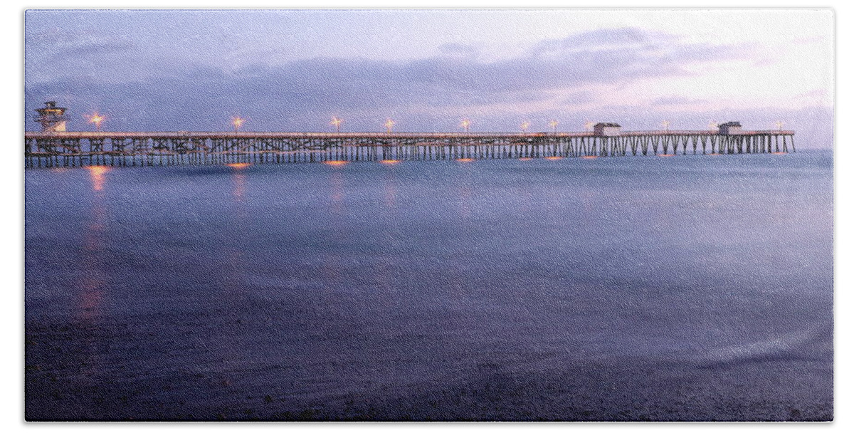 Lights On The Pier Hand Towel featuring the photograph Lights on the Pier by Richard Cheski