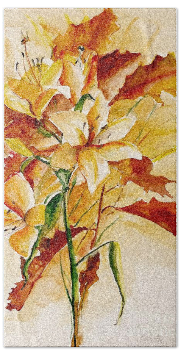 Watercolor Hand Towel featuring the painting Lilies by Karina Plachetka