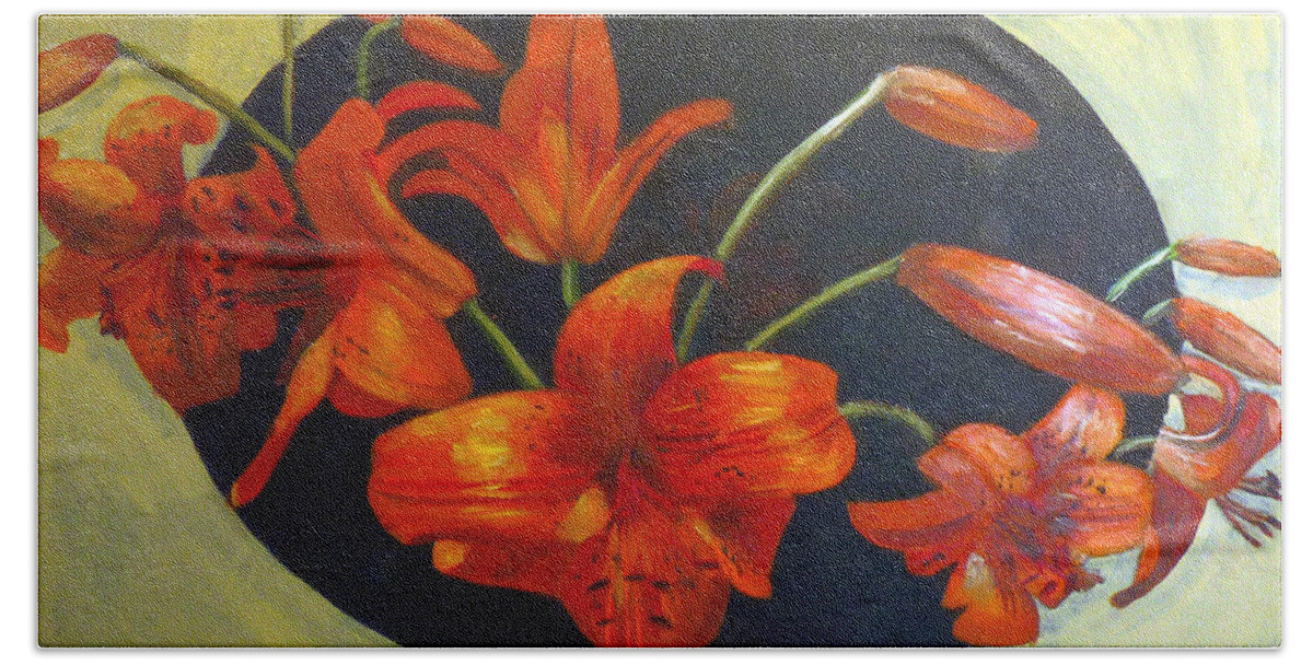 Lilies Bath Towel featuring the painting Lilies More by Richard Le Page