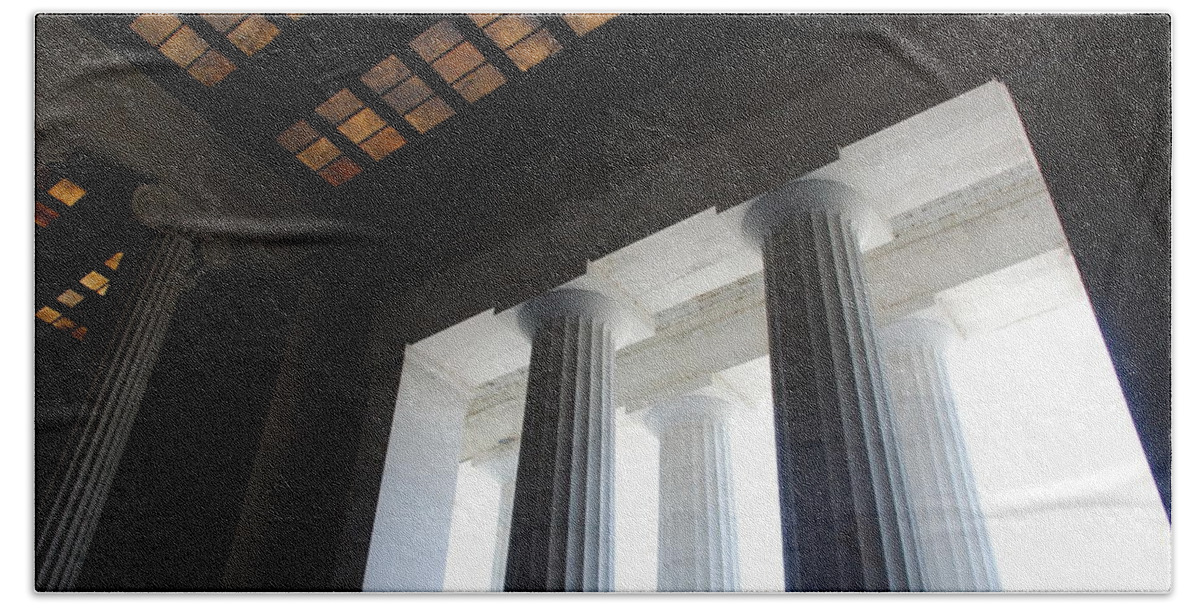Washington Bath Towel featuring the photograph Lincoln Stained Glass and Columns by Kenny Glover