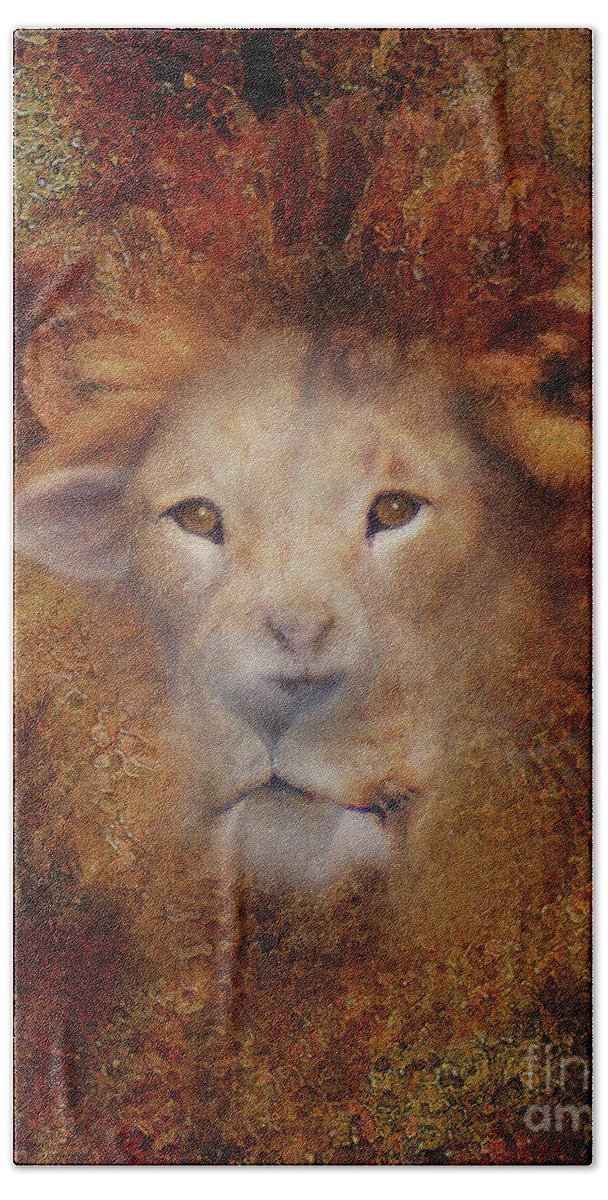 Lion Hand Towel featuring the digital art Lion Lamb Face by Constance Woods