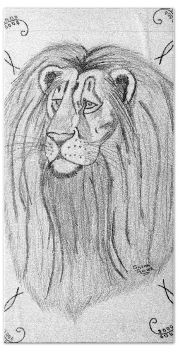 Lion Pencil Bath Towel featuring the drawing Lion by Susan Turner Soulis