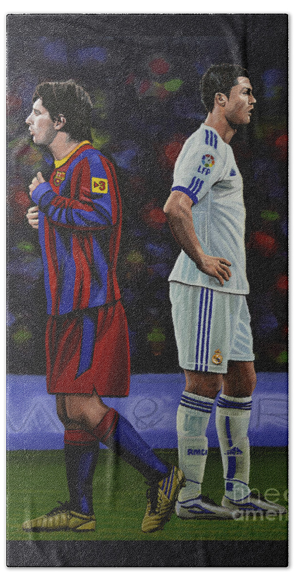 Lionel Messi Cristiano Ronaldo Sport Real Madrid Fc Barcelona Barca Real Manchester United Uefa Champions League Champions Soccer Player Ballon D Or Olympic Games Portugal Portuguese Footballer Famous People Superstar Glamour Icon Idol Hero Paul Meijering Star Realism Portrait Argentina Acrylic Painting Football Stadium Grass Manchester United Forward Work Of Art Fifa World Cup The Classic El Clasico Argentine Footballer Estadio Santiago Berrnabeu Camp Nou Bath Towel featuring the painting Lionel Messi and Cristiano Ronaldo by Paul Meijering