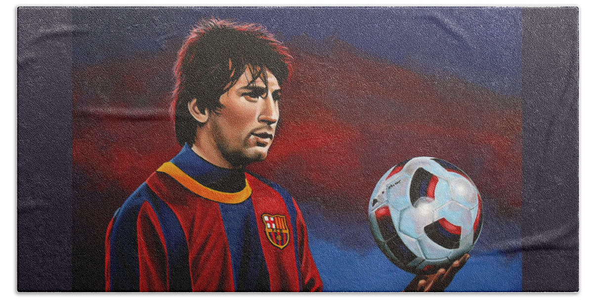 Lionel Messi Hand Towel featuring the painting Lionel Messi 2 by Paul Meijering