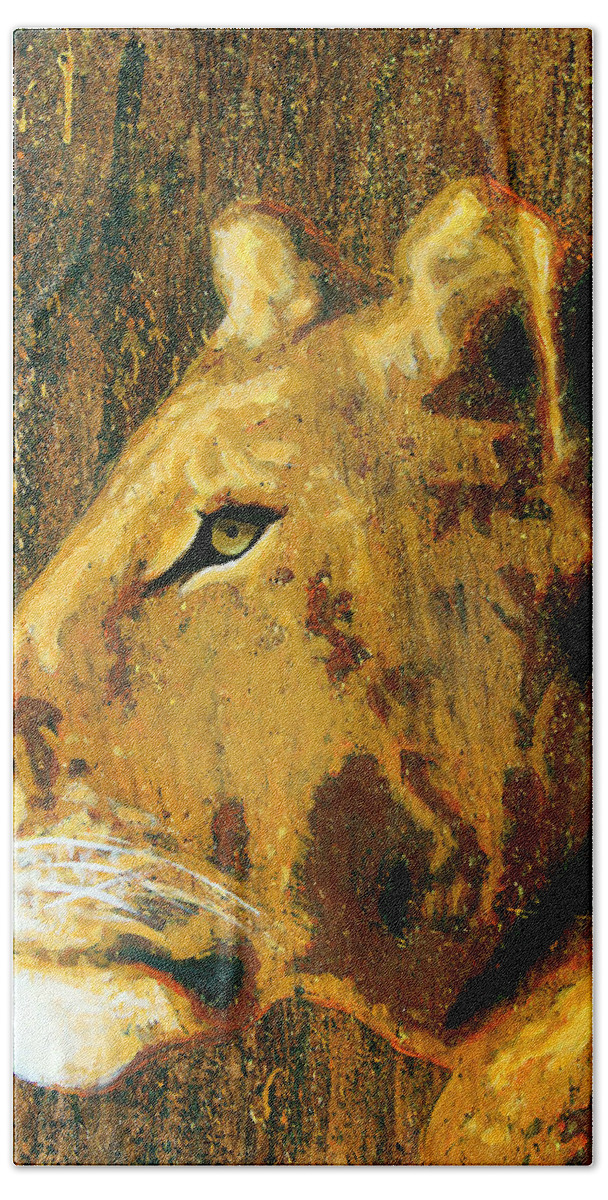 Predator Hand Towel featuring the painting Lioness by Steve Gamba