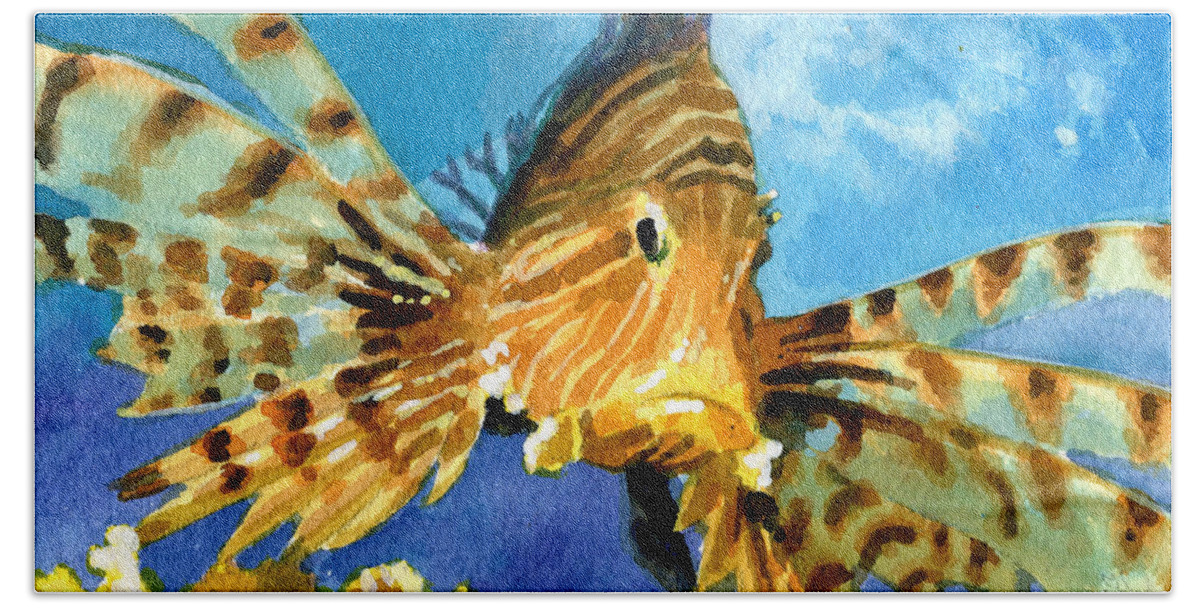 Fish Bath Towel featuring the painting Lionfish by Ken Meyer jr