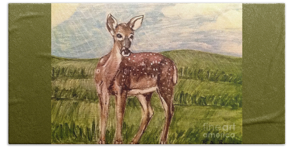 Nature Scene Doe Female Deer Deer Painting Spiritual Message Golden Brown And Chestnut Brown With White Spots Green Rolling Hills With Grass Soft Blue Skies Soft Sunlight Pastel Colors Acrylic Painting Bath Towel featuring the painting Listening to the Creator's Voice by Kimberlee Baxter