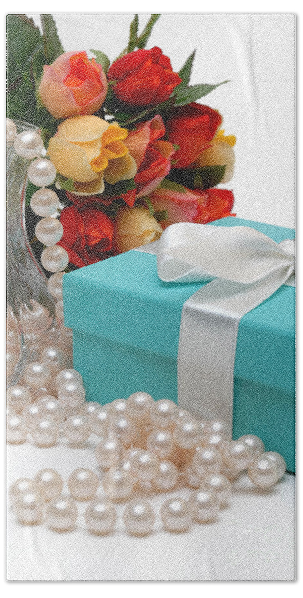 Anniversary Bath Towel featuring the photograph Little Blue Gift Box with Pearls and Flowers by Amy Cicconi