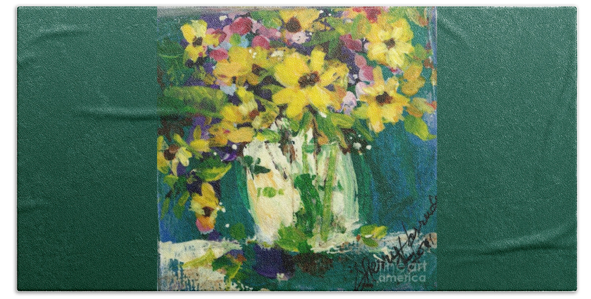 Daisies Hand Towel featuring the painting Little Daisies by Sherry Harradence