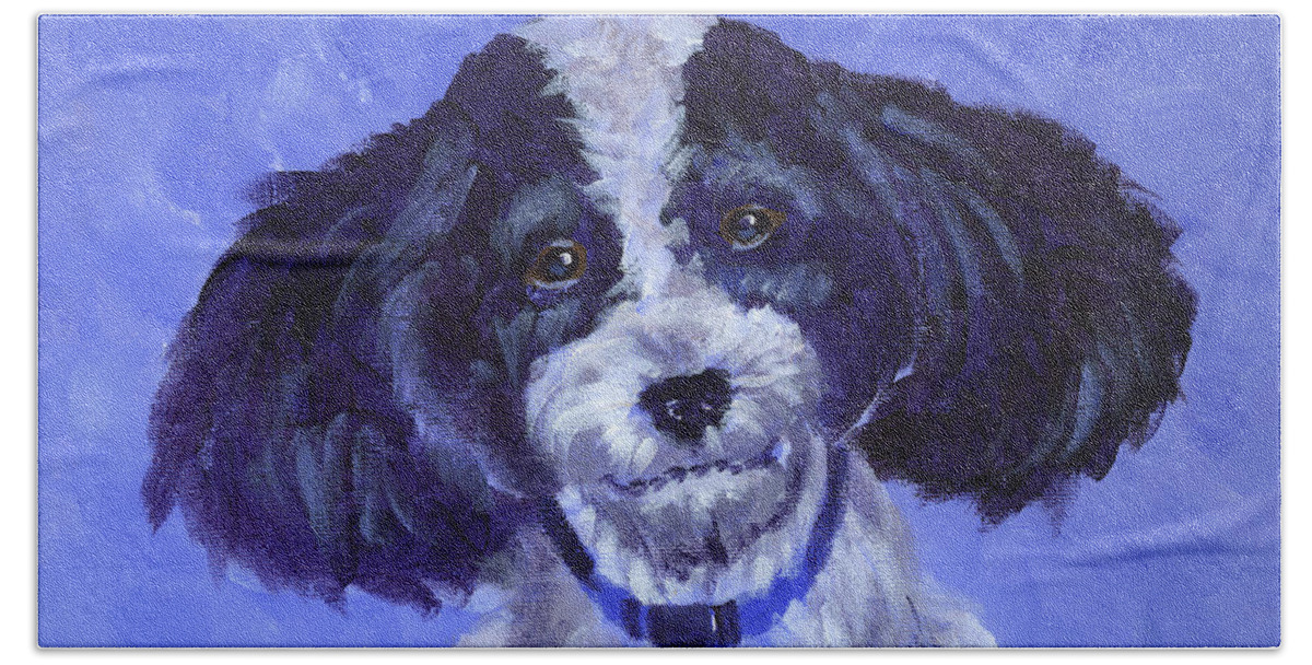 Dog Hand Towel featuring the painting Little Dog Blue by Richard De Wolfe