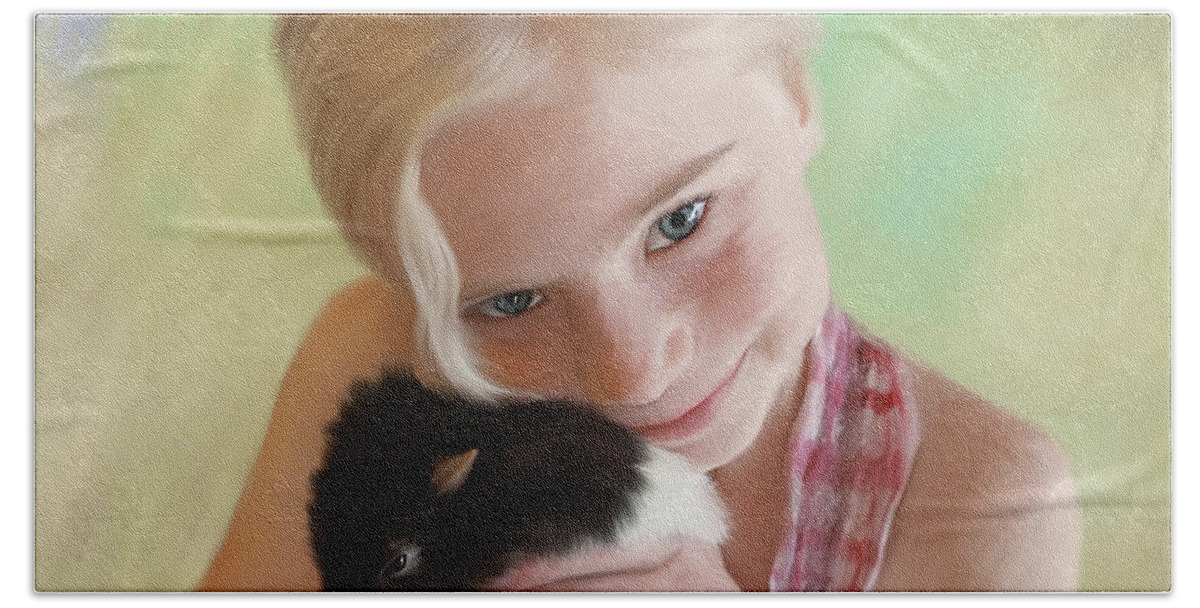 Girl Bath Towel featuring the painting Little Girl and Pet Rat by Angela Stanton