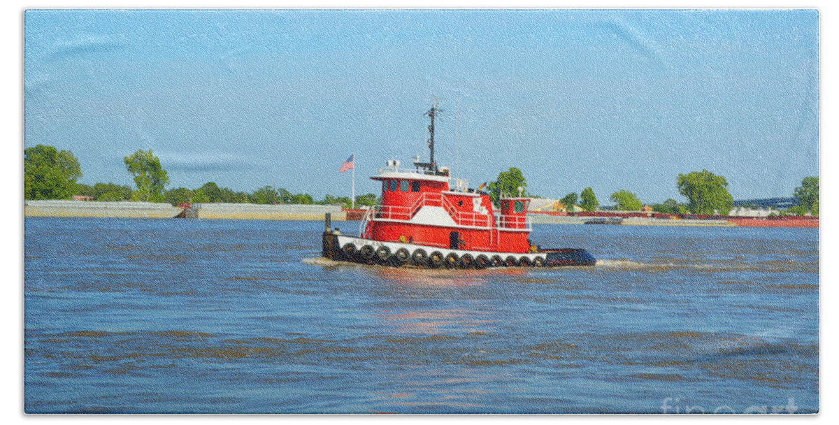 Boat Hand Towel featuring the photograph Little Red Boat on the Mighty Mississippi by Alys Caviness-Gober