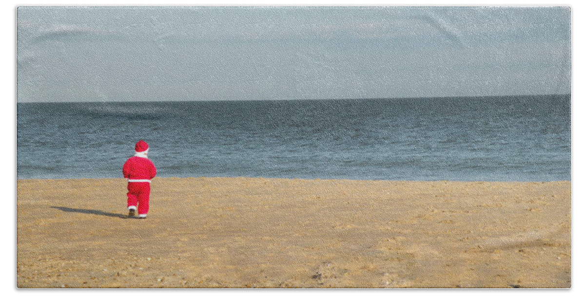 Santa Hand Towel featuring the photograph Little Santa On The Beach by Trish Tritz