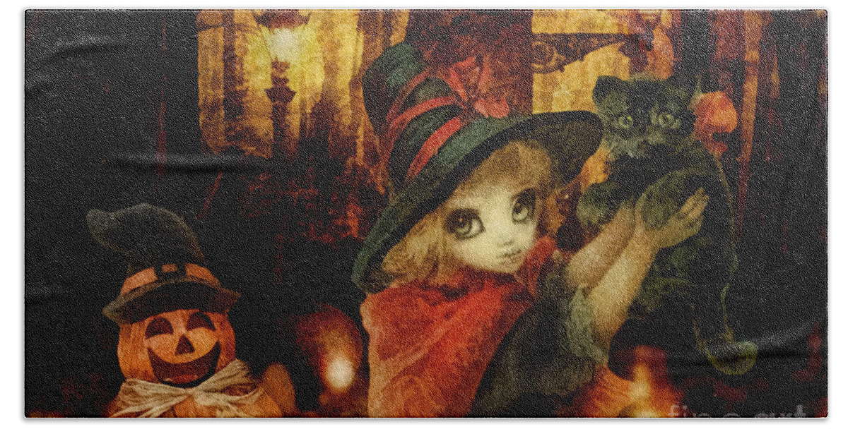 Little Witch Black Cat And Pumpkin Bath Towel featuring the painting Little Witch Black Cat and Pumpkin by Mo T