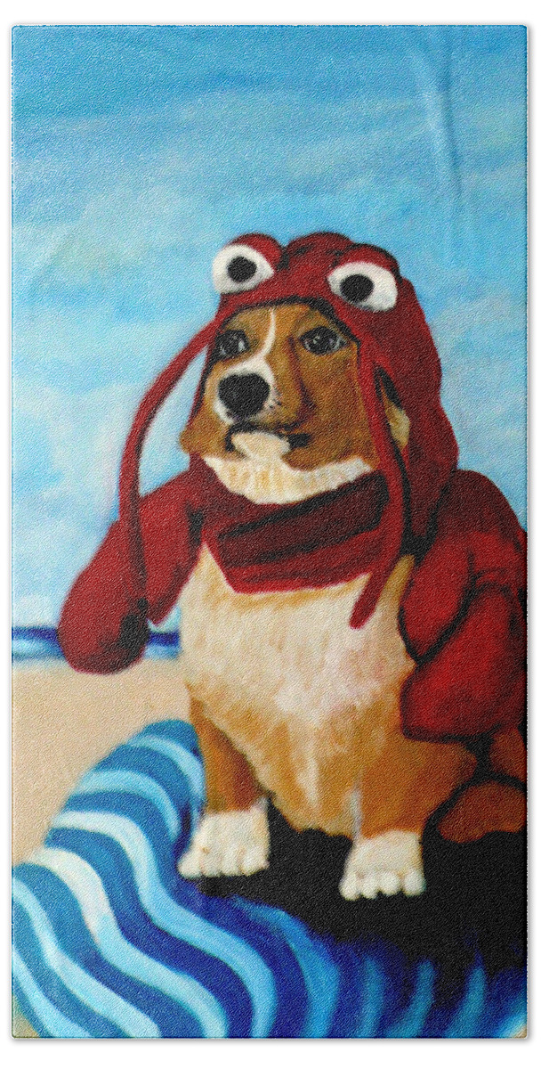 Cute Corgi Hand Towel featuring the painting Lobster Corgi on the Beach by Katy Hawk