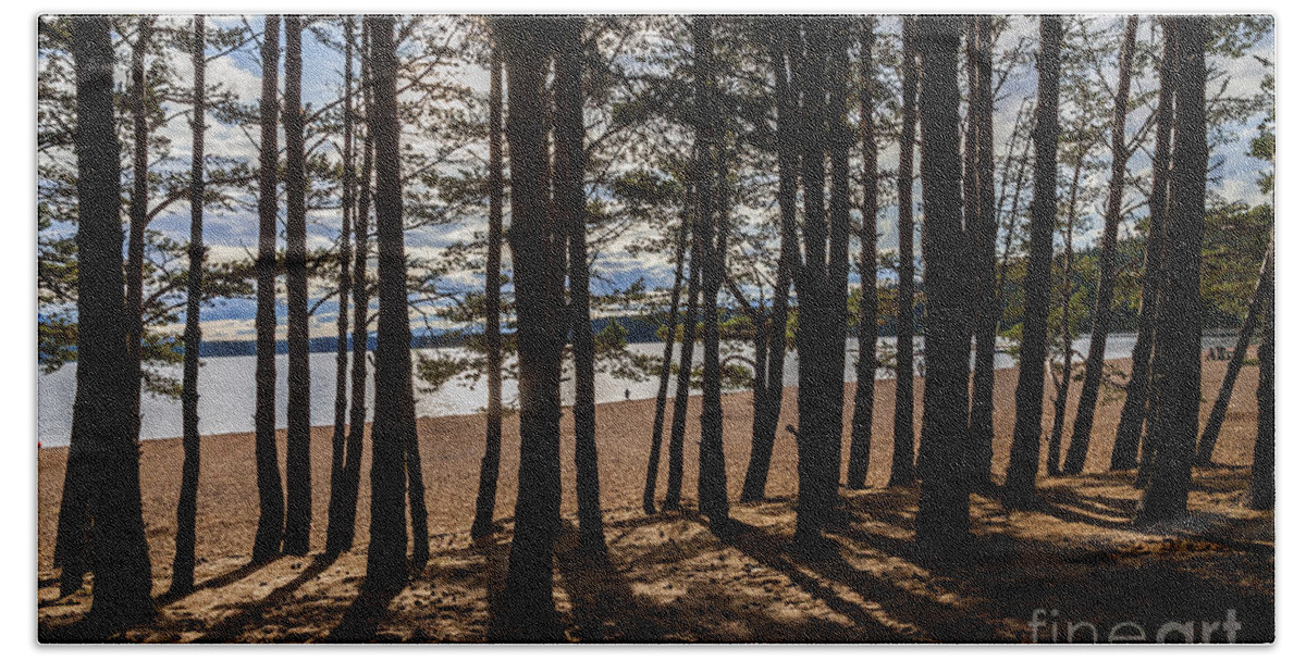 Sand Hand Towel featuring the photograph Loch Morlich Through The Trees by Diane Macdonald