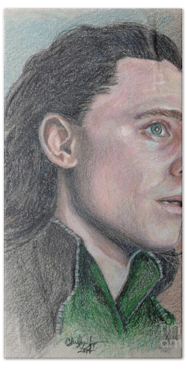 Loki Bath Towel featuring the drawing Loki from the Avengers by Christine Jepsen
