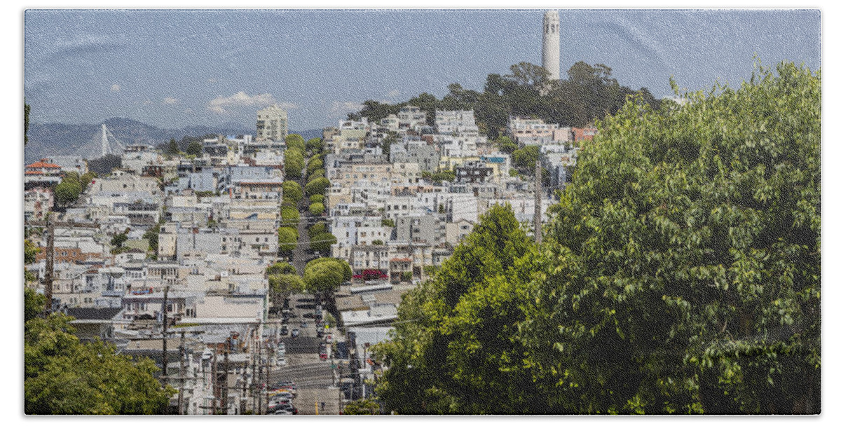 3scape Bath Towel featuring the photograph Lombard Street and Coit Tower on Telegraph Hill by Adam Romanowicz