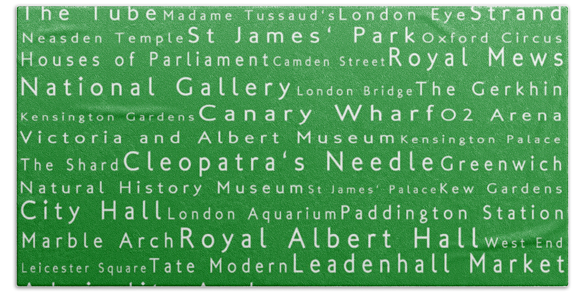 Cities Bath Towel featuring the photograph London in Words Green by Sabine Jacobs