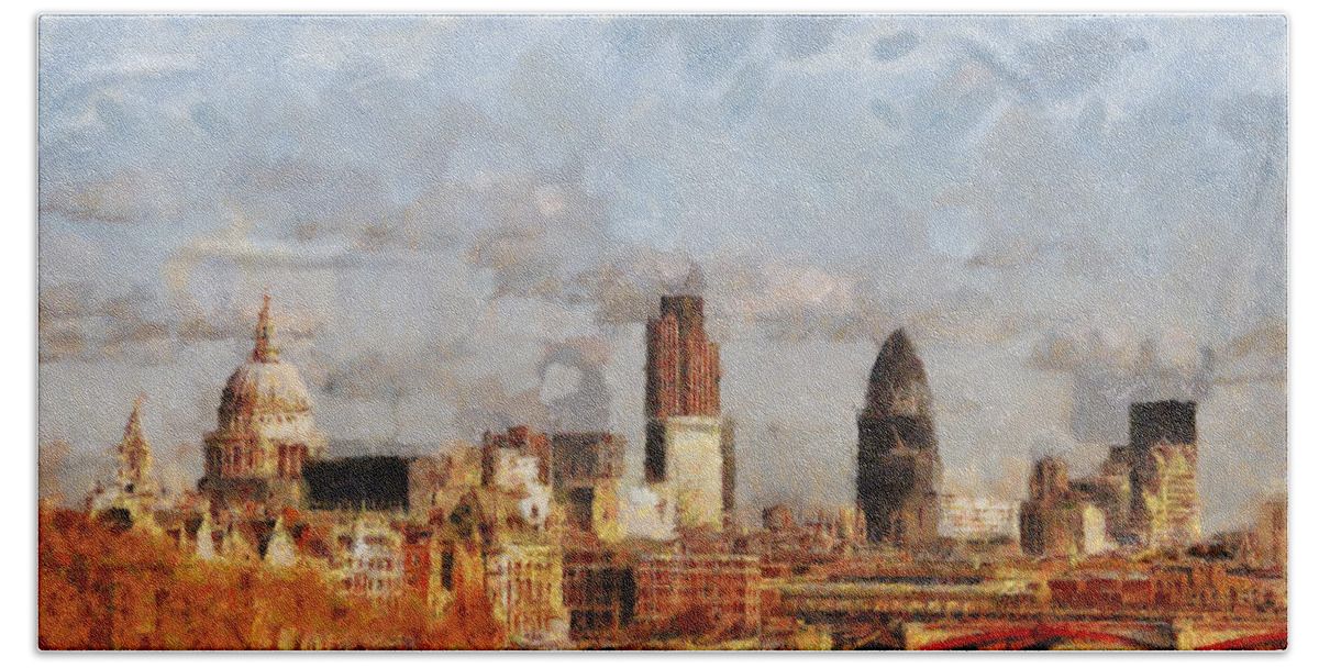 London Hand Towel featuring the painting London Skyline from the river by Pixel Chimp