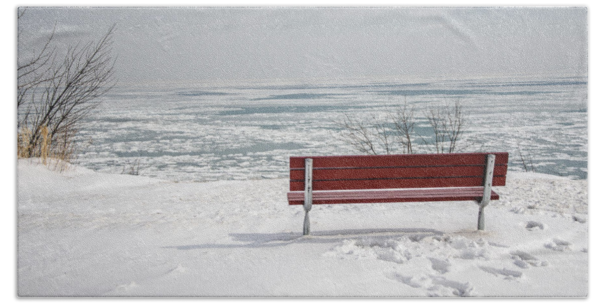 Lake Michigan Hand Towel featuring the photograph Lonely Bench by Susan McMenamin