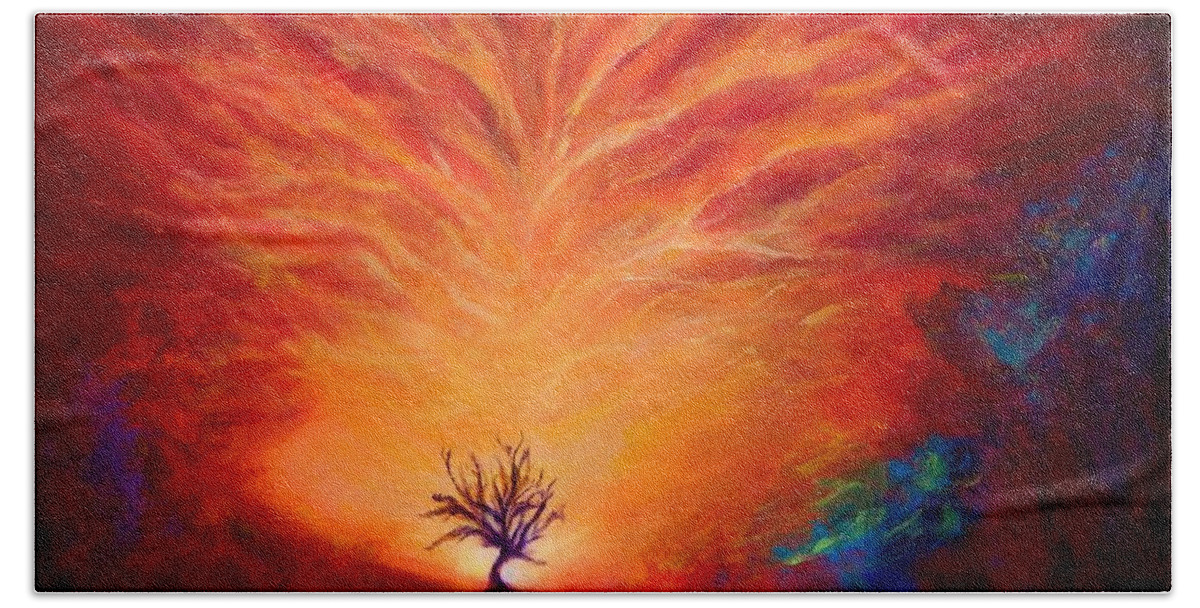 Lonely Bath Towel featuring the painting Lonely Tree and Crazy sky by Lilia D