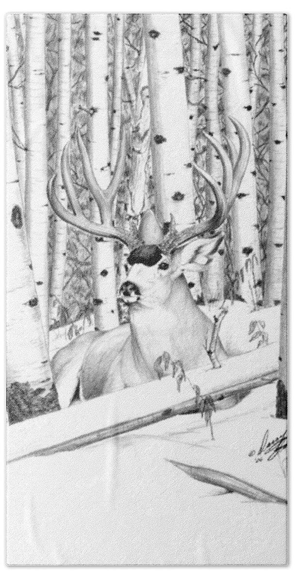 Mule Deer Bath Towel featuring the drawing Long Buck by Darcy Tate