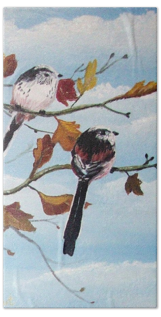 Long Hand Towel featuring the painting Long Tailed Tits In Spring by Asa Jones