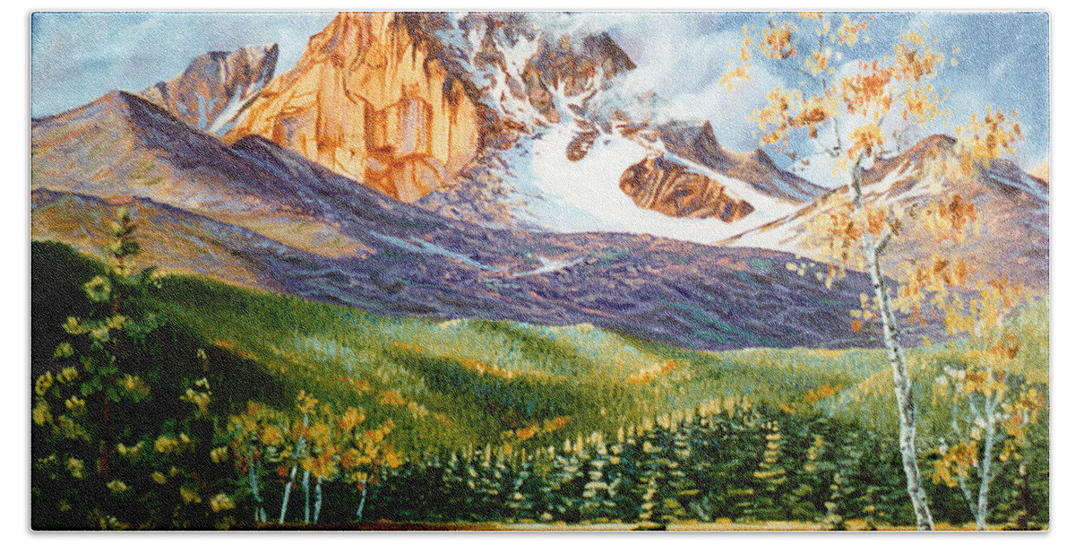 Longs Peak Hand Towel featuring the painting Longs Shadows by Craig Burgwardt