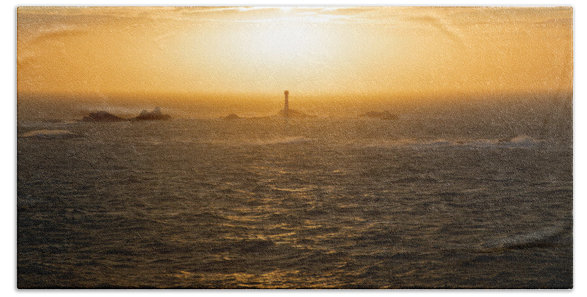 Lighthouse Bath Towel featuring the photograph Longships Lighthouse at sunset by Ian Middleton
