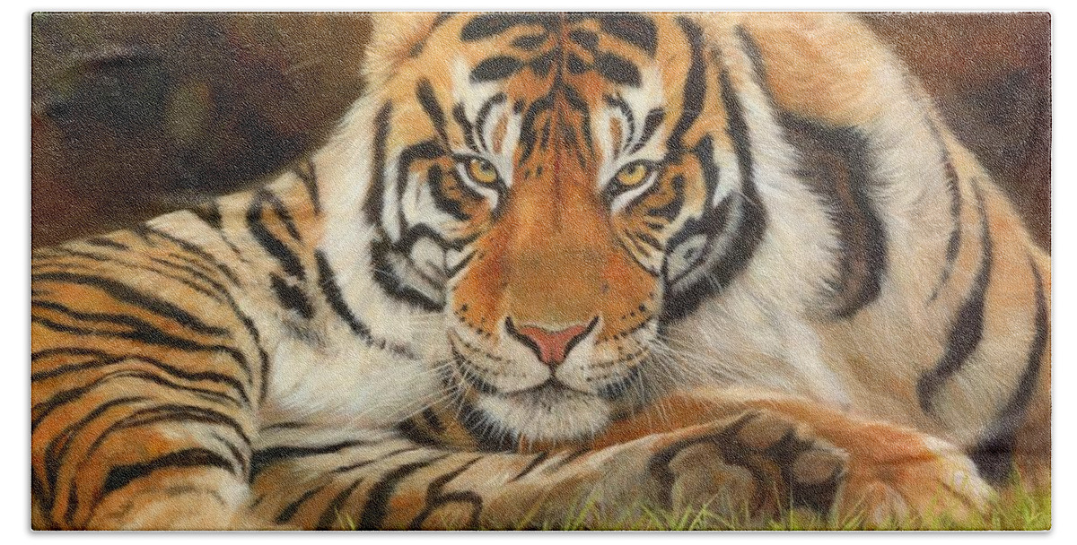 Tiger Bath Towel featuring the painting Look Into My Eyes by David Stribbling