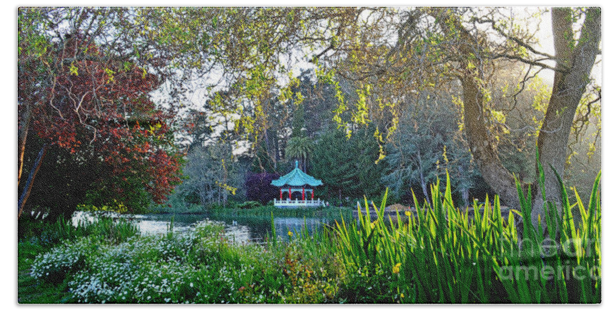 Stow Lake Bath Towel featuring the photograph Looking Across Stow Lake at the Pagoda in Golden Gate Park by Jim Fitzpatrick