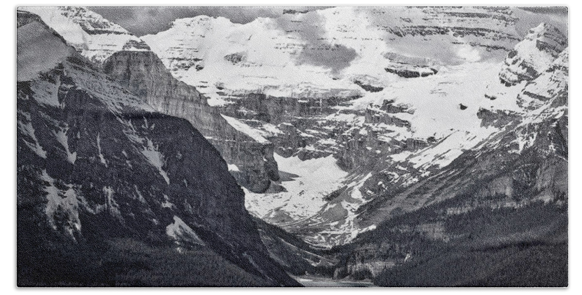Lake Louise Bath Towel featuring the photograph Looking Down at Lake Louise - Black and White #2 by Stuart Litoff