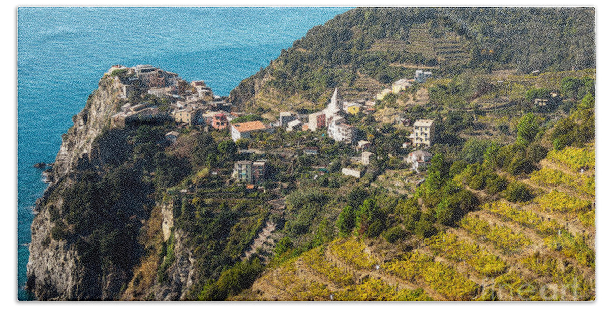 Italy Bath Towel featuring the photograph Looking Down onto Corniglia by Prints of Italy