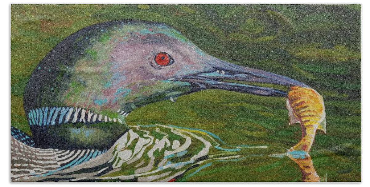 Chadwick Bath Towel featuring the painting Loon Lunch by Phil Chadwick