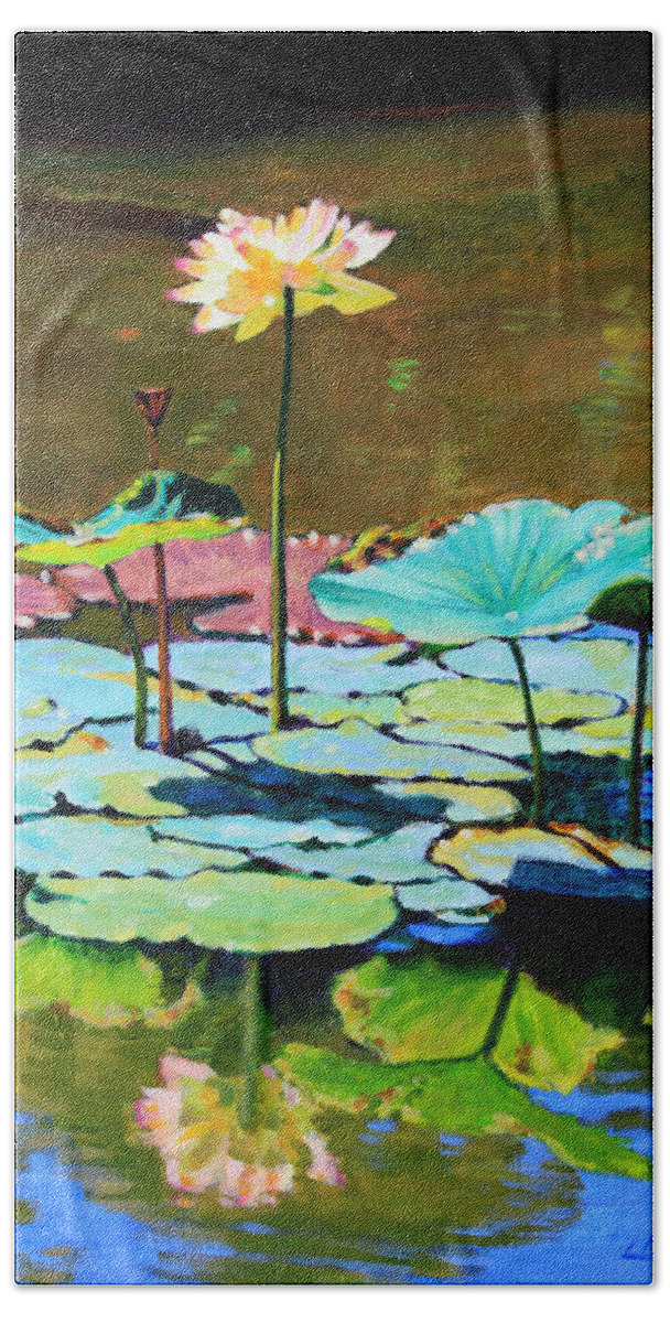 Lotus Bath Towel featuring the painting Lotus Above the Lily Pads by John Lautermilch
