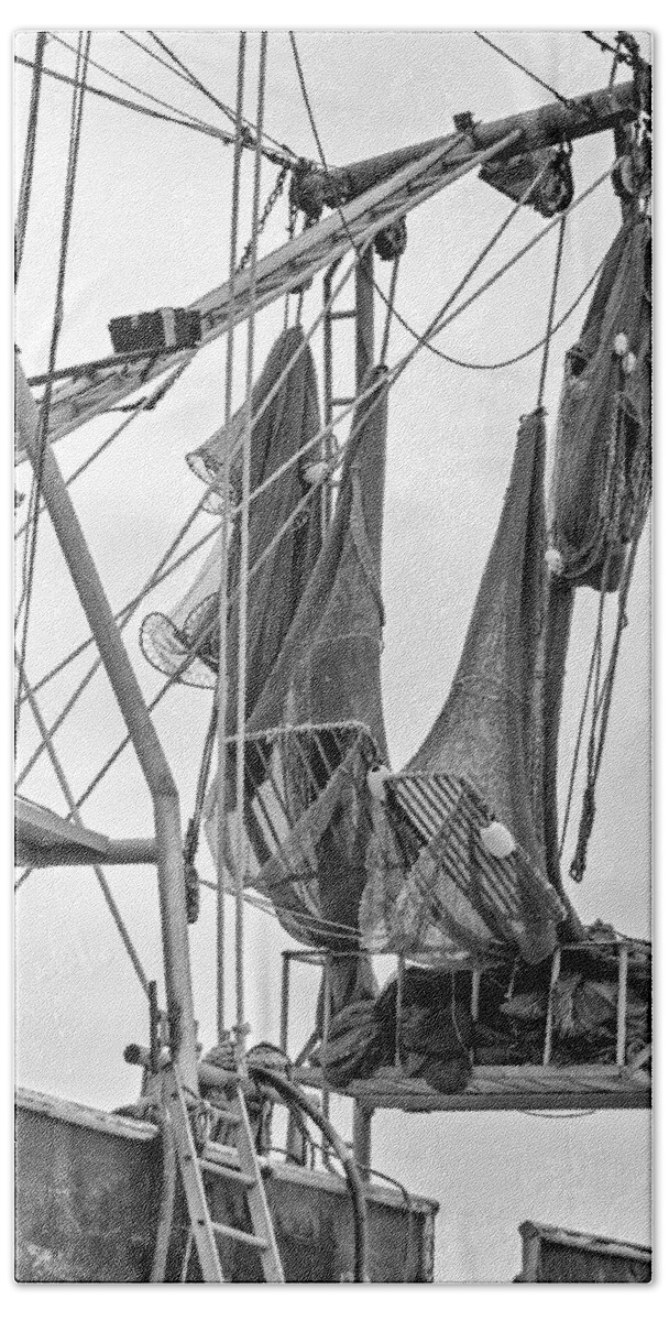 Steve Harrington Bath Towel featuring the photograph Louisiana Shrimp Boat Nets bw by Steve Harrington