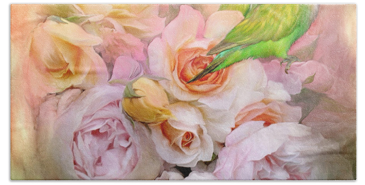 Love Birds Bath Towel featuring the mixed media Love Among The Roses by Carol Cavalaris