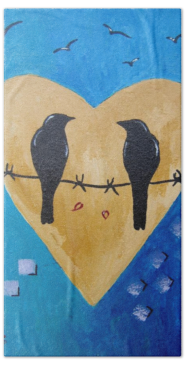 Black Birds Bath Towel featuring the painting Love Birds by Suzanne Theis