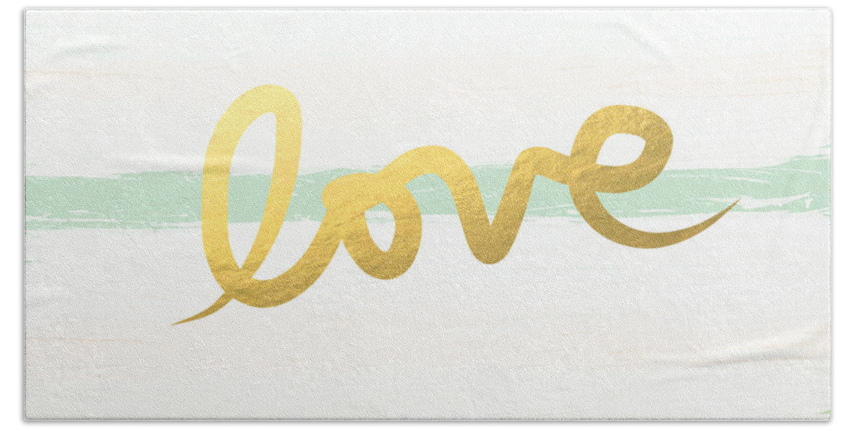 Love Hand Towel featuring the painting Love in Mint and Gold by Linda Woods