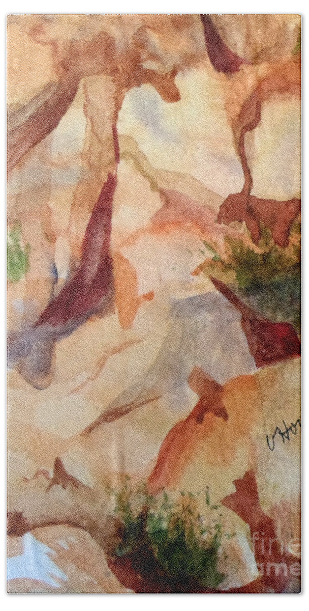 Heart Bath Towel featuring the painting Love In The Rocks Medjugorje 2 by Vicki Housel
